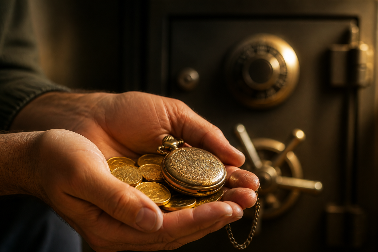 Männliche Hände halten Goldmünzen und eine antike Taschenuhr, im Hintergrund ein unscharfer Tresor.