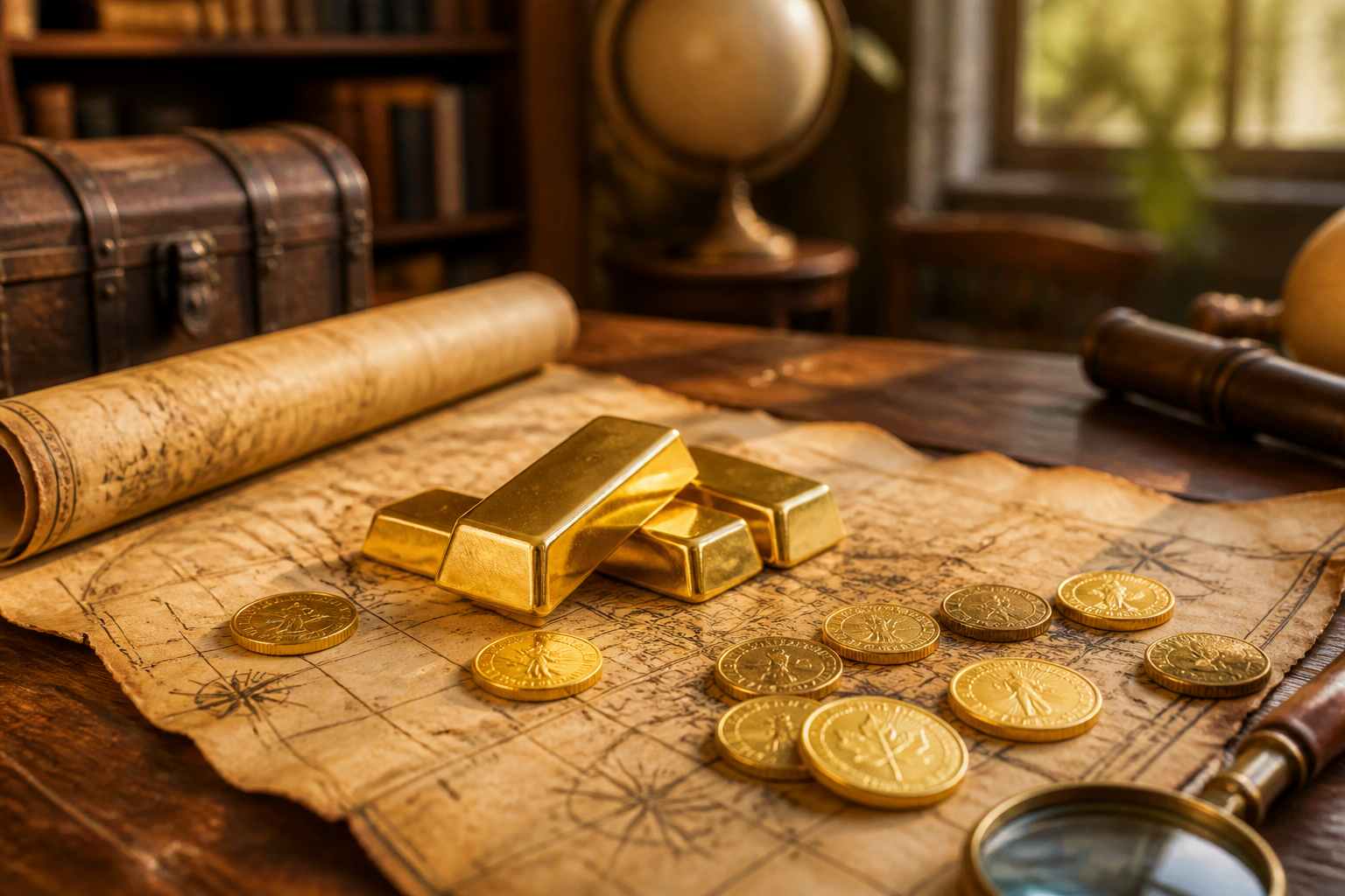 Tresor welche Sicherheitsstufe -Historische Schatzkarte mit glänzenden Goldbarren und verschiedenen Goldmünzen, die den persönlichen Wert von Gold symbolisieren.