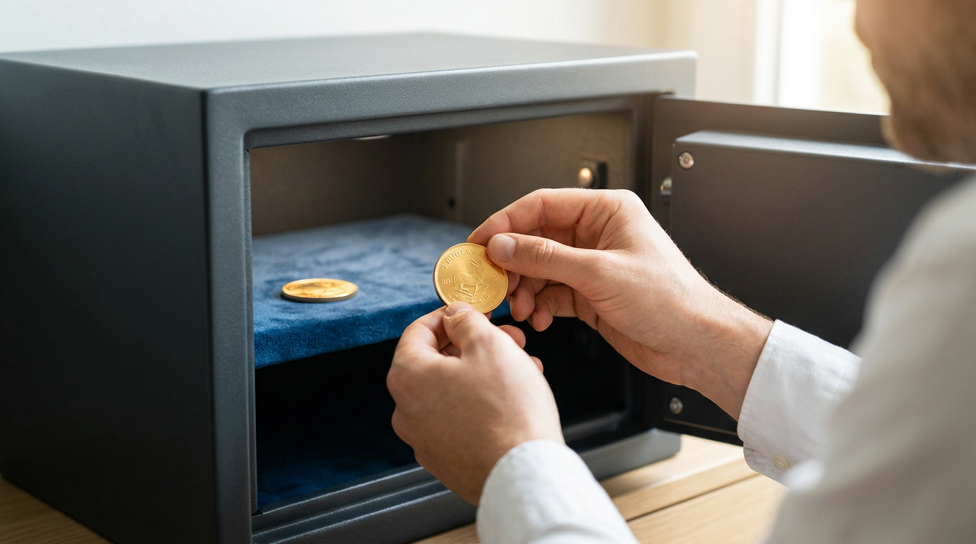 Nahaufnahme von Händen, die vorsichtig eine glänzende Goldmünze in einen aufklappbaren, samtgefütterten Tresor legen.
