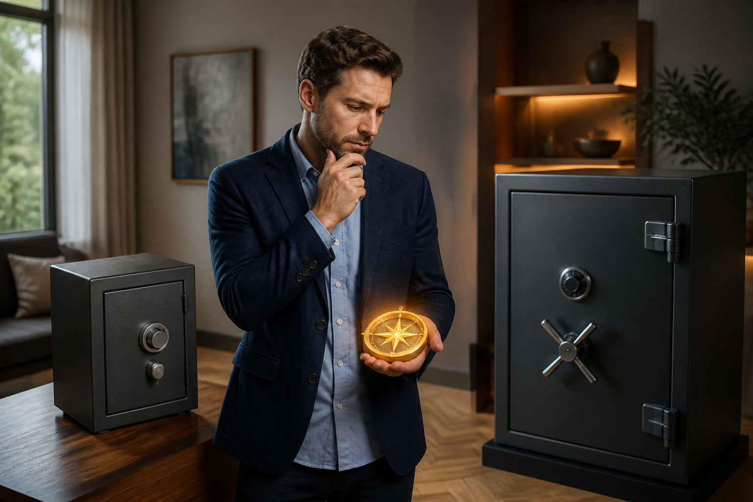 Nachdenklicher Mensch vor zwei Tresoren mit einem leuchtenden Kompass in der Hand, der die persönliche Entscheidung für die richtige Sicherheitsstufe symbolisiert.